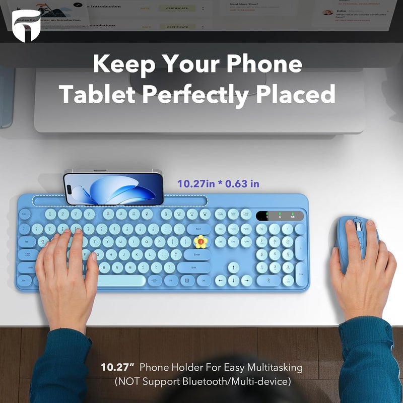 Trueque Wireless Keyboard and Mouse Combo, Retro Round Keycaps, Full-Size Cute Typewriter Keyboard with Large Phone/Tablet Holder, Auto-Sleep, 2.4GHz Cordless Connection for Windows/PC/Laptop (Sky Blue) - Image 2